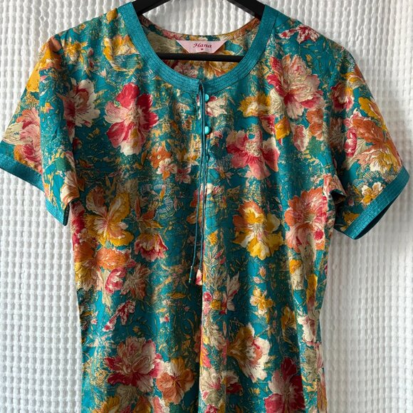 Hana silky teal floral print maxidress/house dress/swim coverup women's medium - Picture 4 of 5